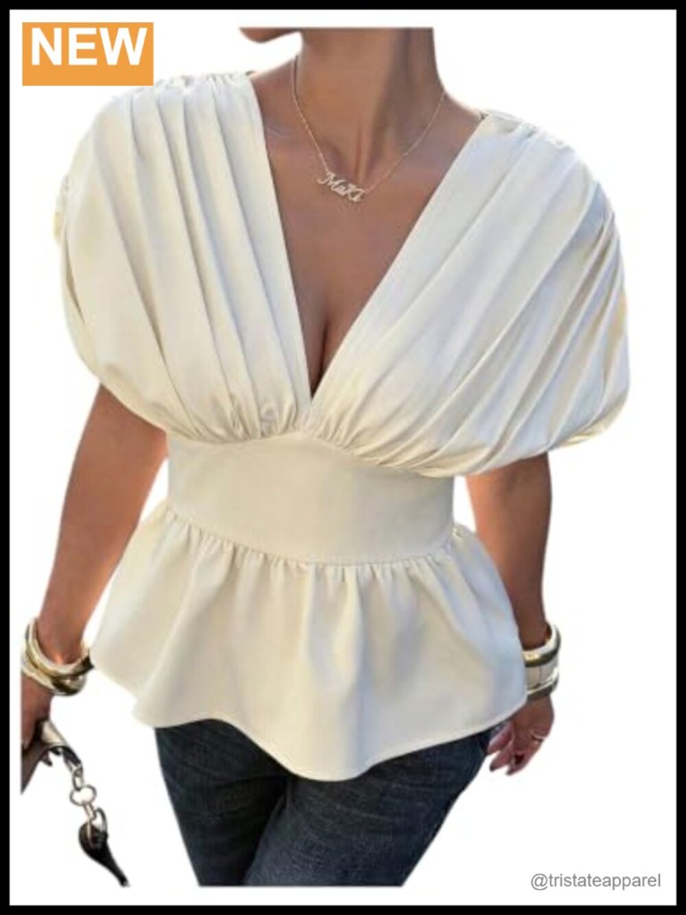 Women's Cinched Waist Peplum Top Ruffle Babydoll Blouse Dolman Sleeve